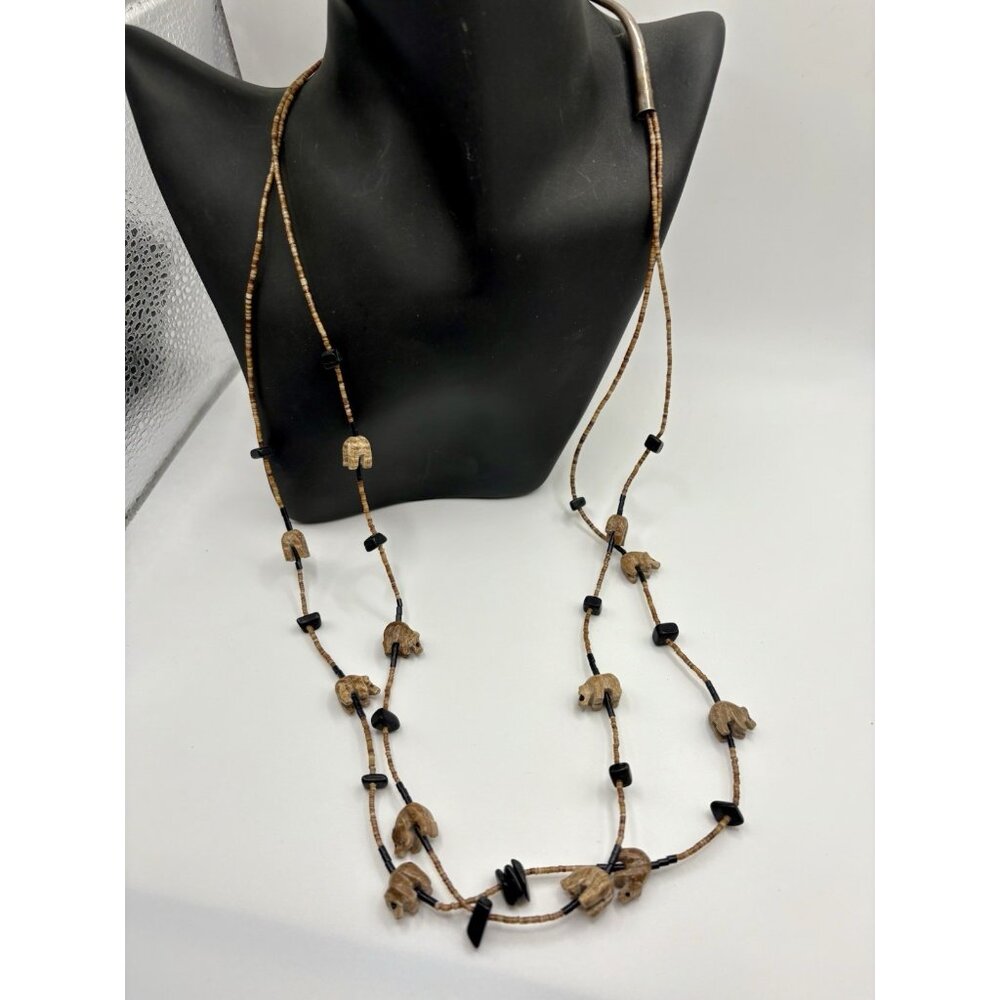Native American Sterling Silver 925 Beaded Bear Fetish Necklace MultiStrand